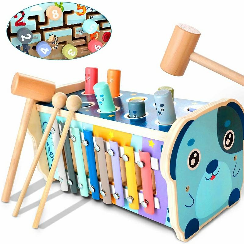 Educational Toys |   3-In-1 Wooden Hammering Pounding Toy – Montessori Early Development Toy With Pounding Bench Educational Toys Educational Toys